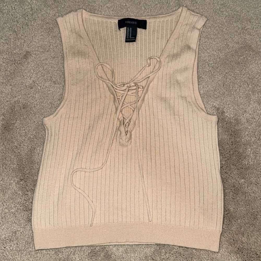 Forever 21 Tan Ribbed Tie Front Cropped Tank Top